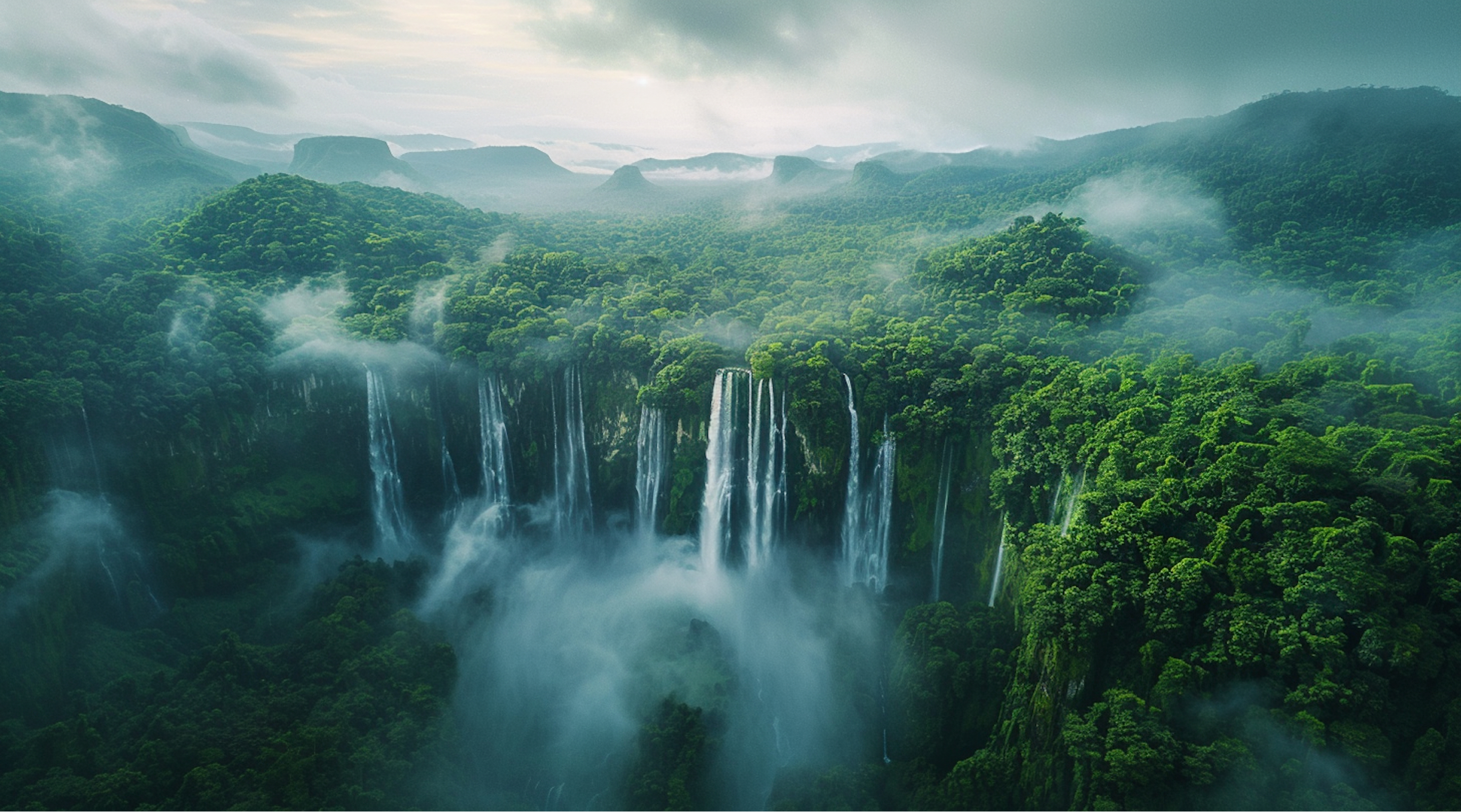 Aerial view of tropical rainforest waterfalls cascading into a misty valley